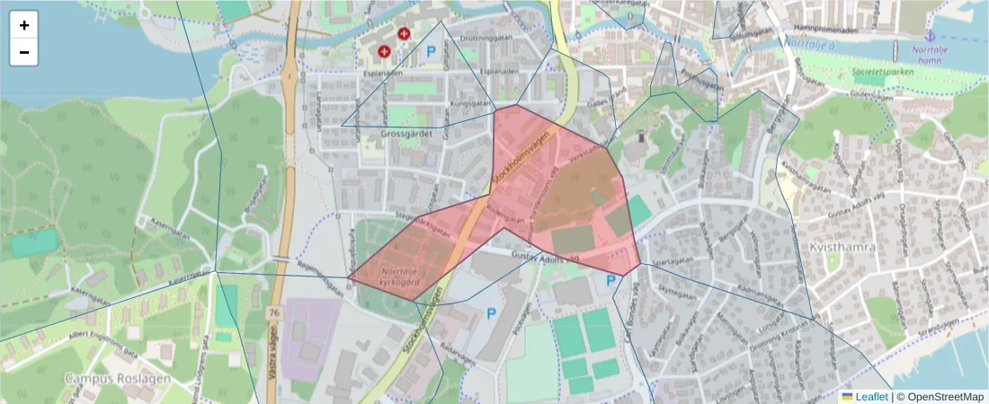 Karta över postnummerområdet  och angränsande postnummer i Sverige