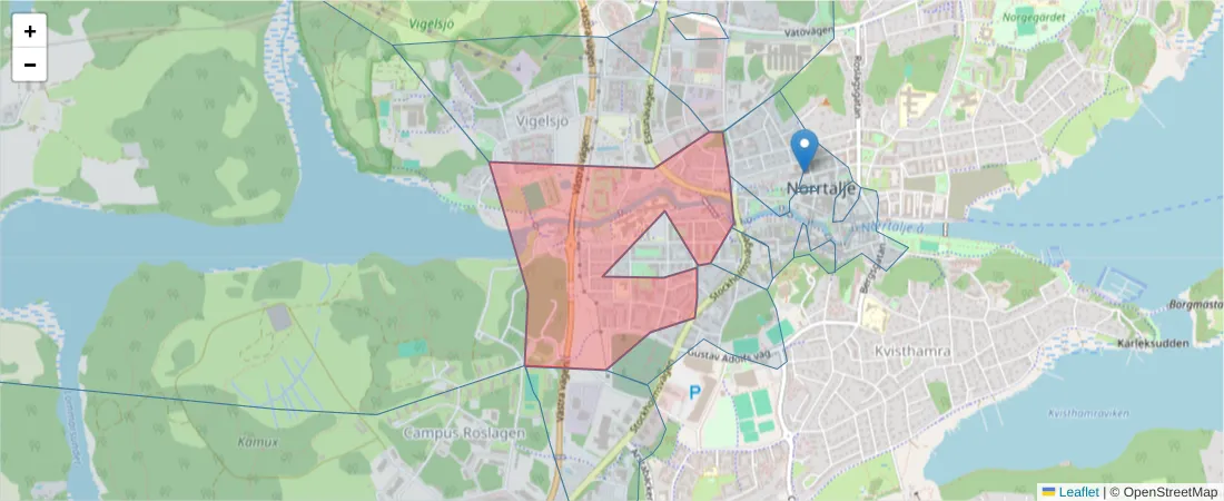 Karta över postnummerområdet  och angränsande postnummer i Sverige