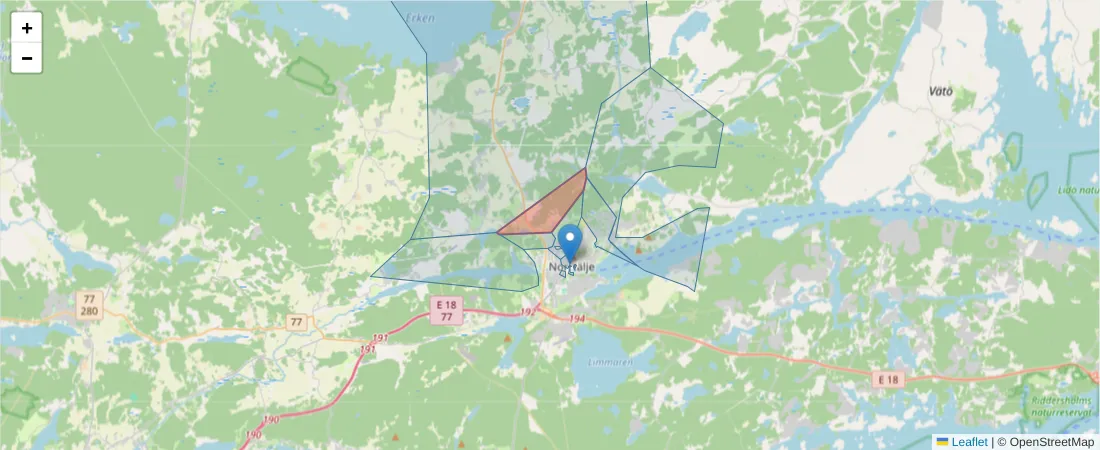 Karta över postnummerområdet  och angränsande postnummer i Sverige