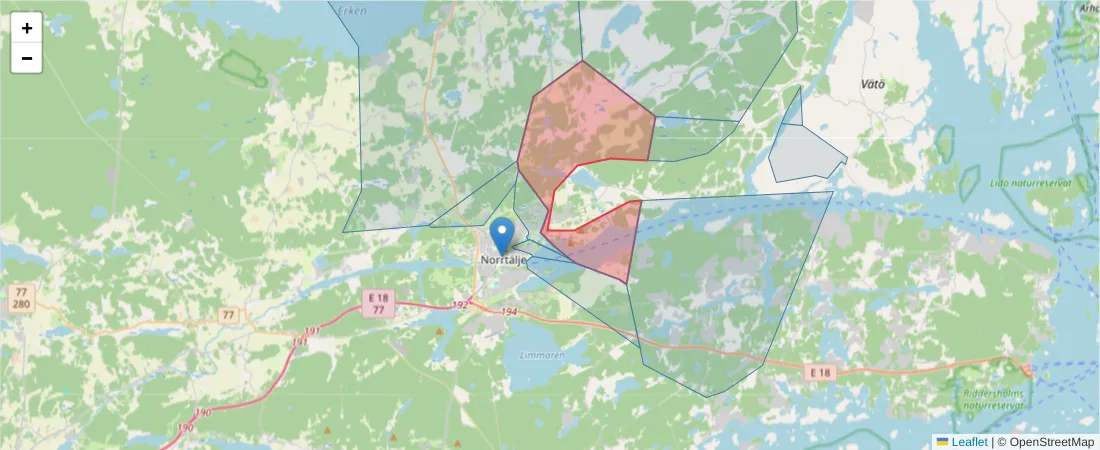 Karta över postnummerområdet  och angränsande postnummer i Sverige