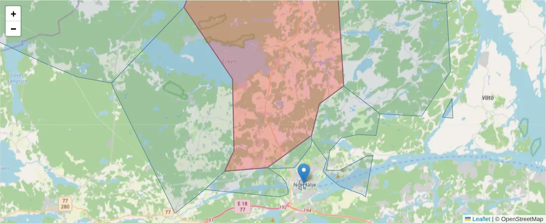 Karta över postnummerområdet  och angränsande postnummer i Sverige
