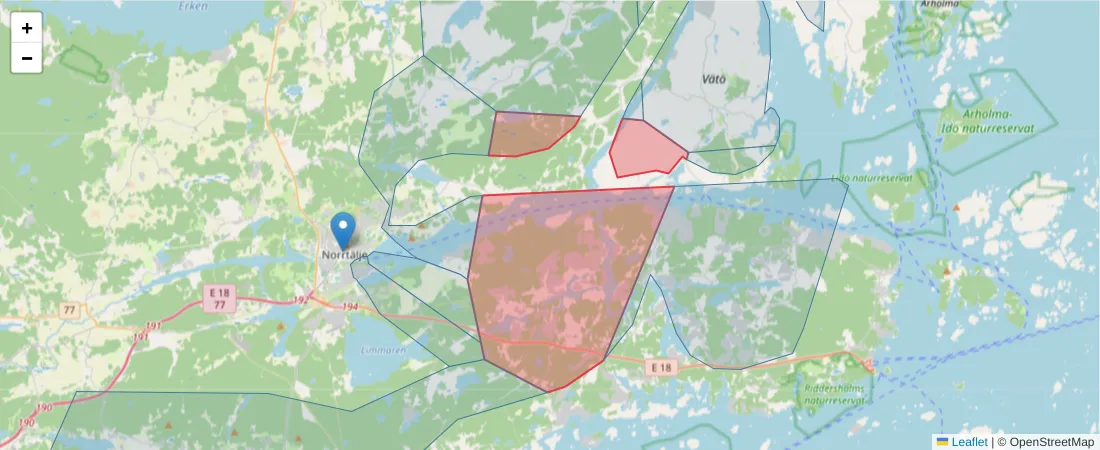 Karta över postnummerområdet  och angränsande postnummer i Sverige