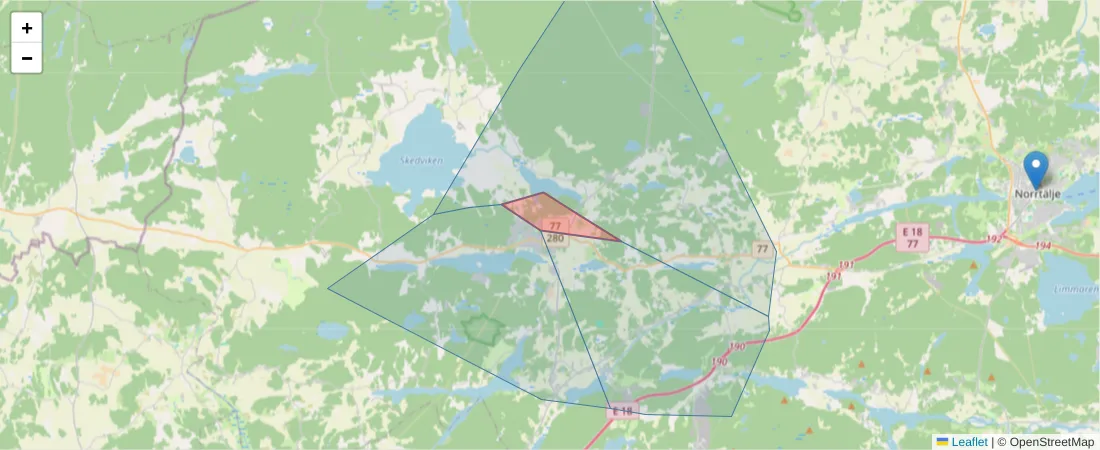 Karta över postnummerområdet  och angränsande postnummer i Sverige