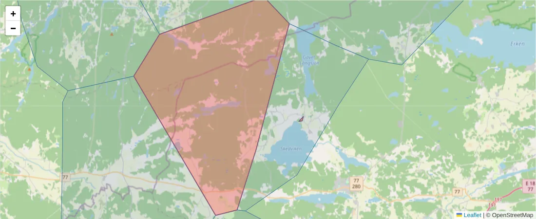 Karta över postnummerområdet  och angränsande postnummer i Sverige