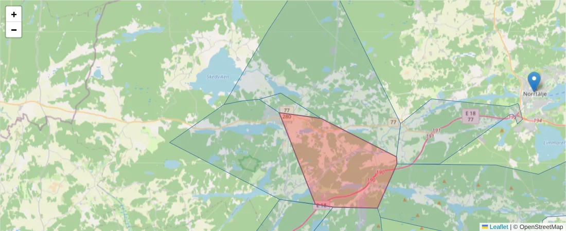 Karta över postnummerområdet  och angränsande postnummer i Sverige