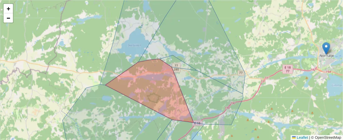 Karta över postnummerområdet  och angränsande postnummer i Sverige