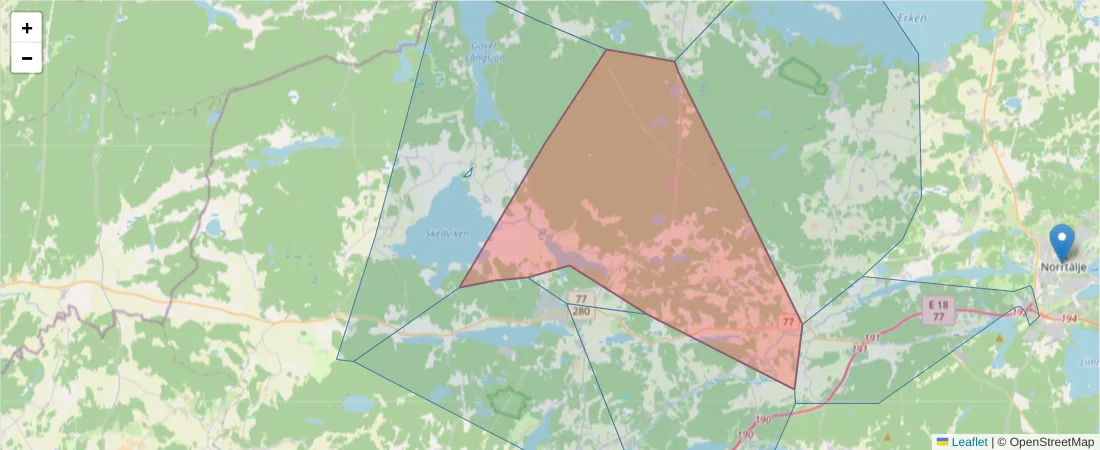 Karta över postnummerområdet  och angränsande postnummer i Sverige