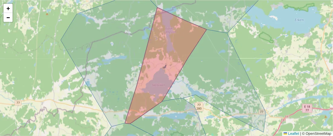 Karta över postnummerområdet  och angränsande postnummer i Sverige