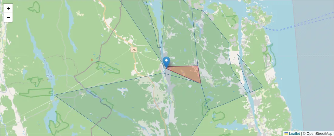 Karta över postnummerområdet  och angränsande postnummer i Sverige