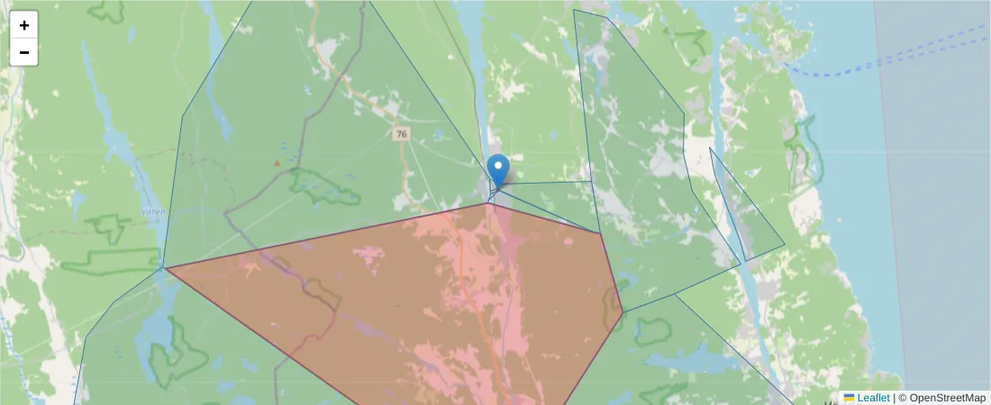 Karta över postnummerområdet  och angränsande postnummer i Sverige