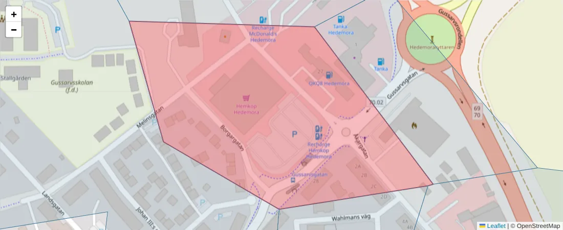 Karta över postnummerområdet  och angränsande postnummer i Sverige