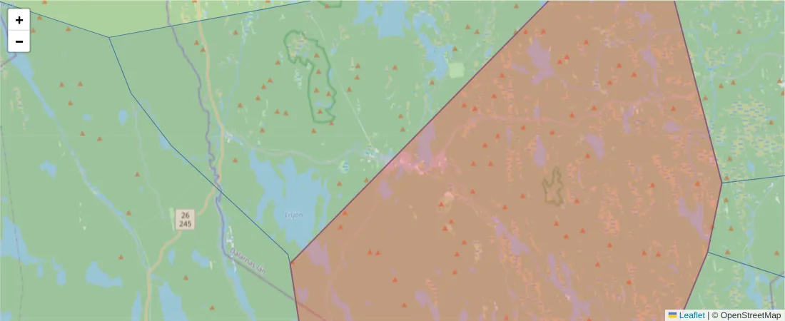 Karta över postnummerområdet  och angränsande postnummer i Sverige