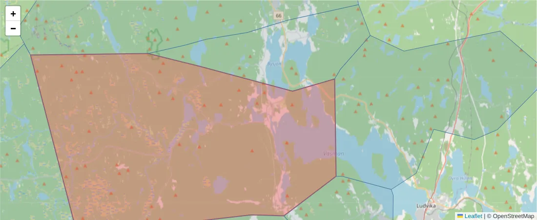 Karta över postnummerområdet  och angränsande postnummer i Sverige