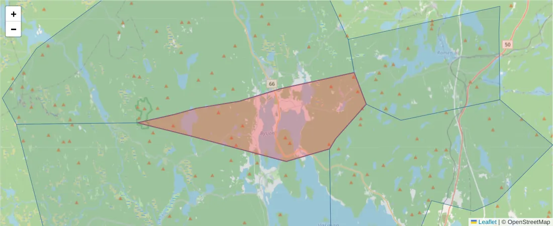 Karta över postnummerområdet  och angränsande postnummer i Sverige