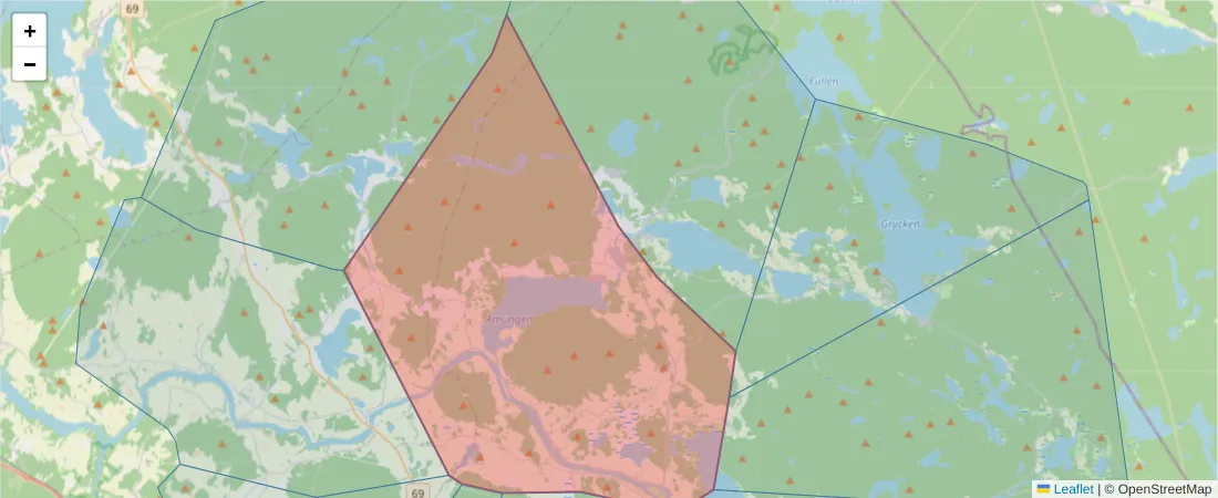 Karta över postnummerområdet  och angränsande postnummer i Sverige