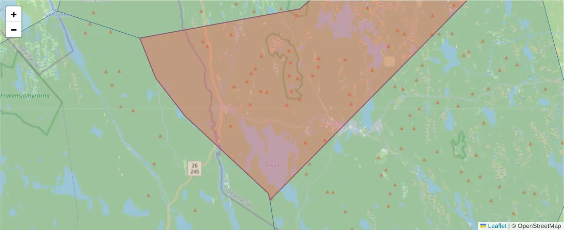 Karta över postnummerområdet  och angränsande postnummer i Sverige