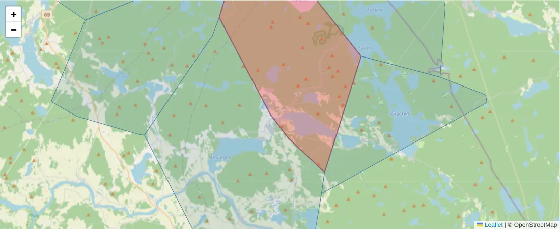 Karta över postnummerområdet  och angränsande postnummer i Sverige