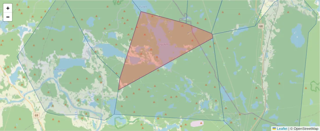Karta över postnummerområdet  och angränsande postnummer i Sverige