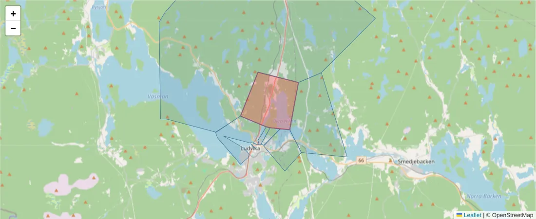 Karta över postnummerområdet  och angränsande postnummer i Sverige