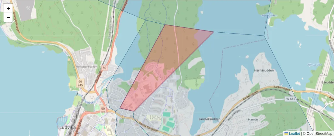 Karta över postnummerområdet  och angränsande postnummer i Sverige