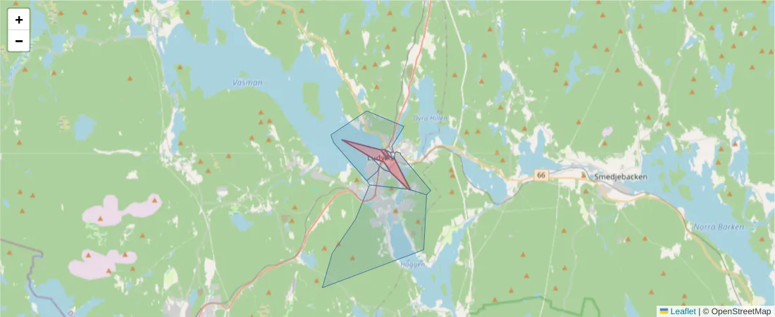 Karta över postnummerområdet  och angränsande postnummer i Sverige