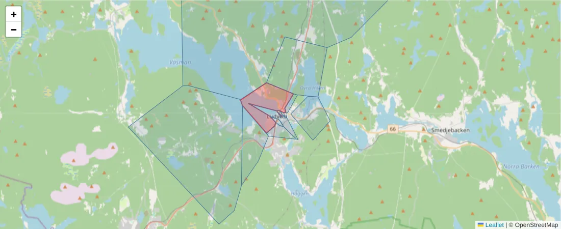 Karta över postnummerområdet  och angränsande postnummer i Sverige