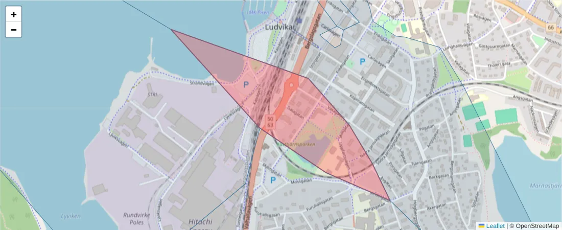Karta över postnummerområdet  och angränsande postnummer i Sverige