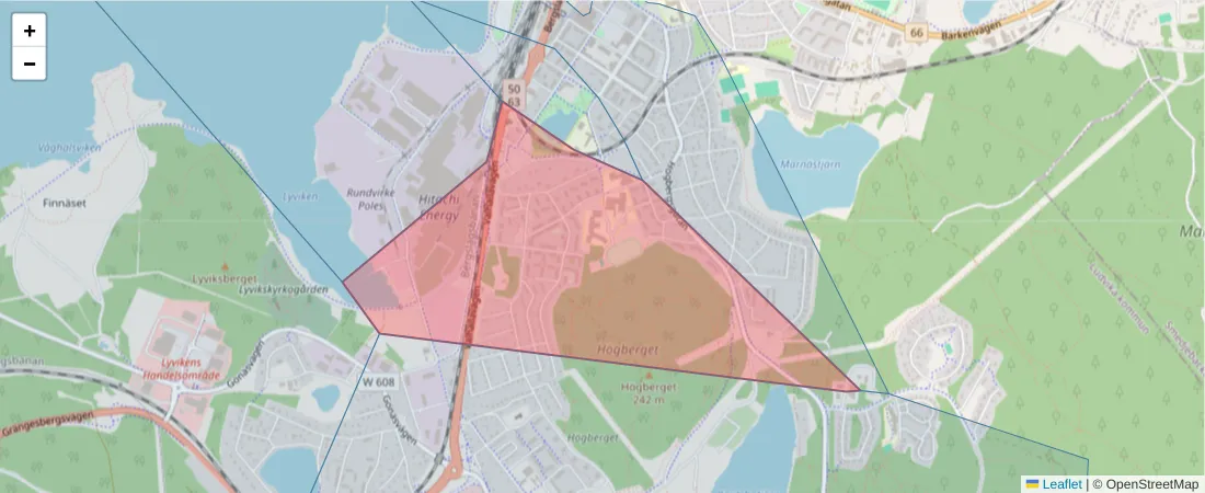 Karta över postnummerområdet  och angränsande postnummer i Sverige