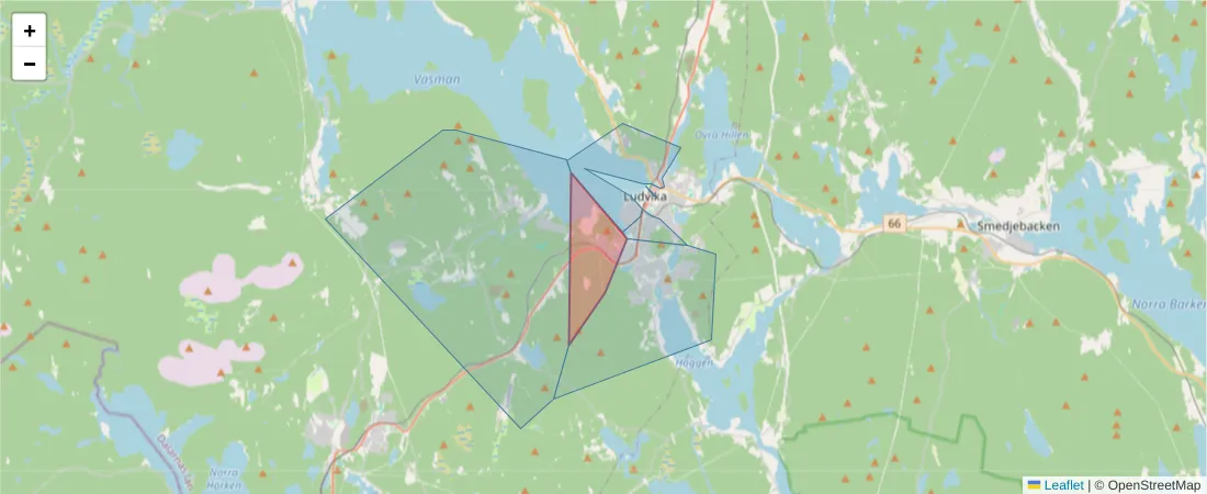 Karta över postnummerområdet  och angränsande postnummer i Sverige