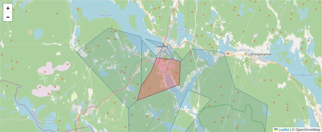 Karta över postnummerområdet  och angränsande postnummer i Sverige