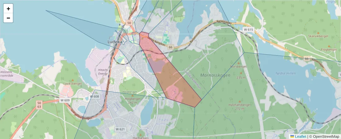 Karta över postnummerområdet  och angränsande postnummer i Sverige