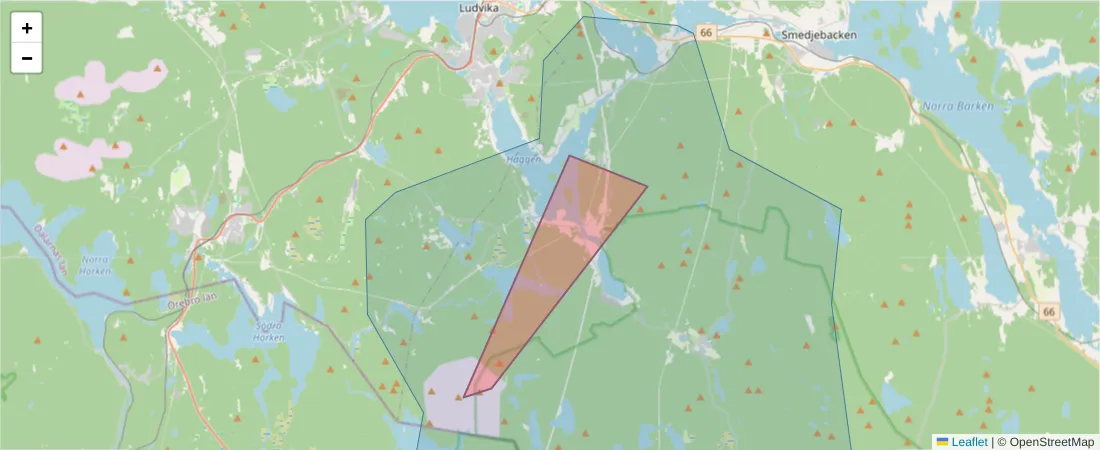 Karta över postnummerområdet  och angränsande postnummer i Sverige