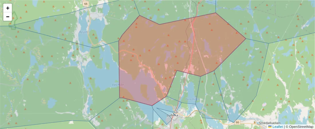 Karta över postnummerområdet  och angränsande postnummer i Sverige