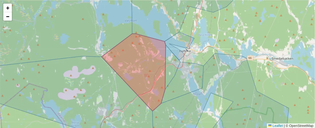 Karta över postnummerområdet  och angränsande postnummer i Sverige