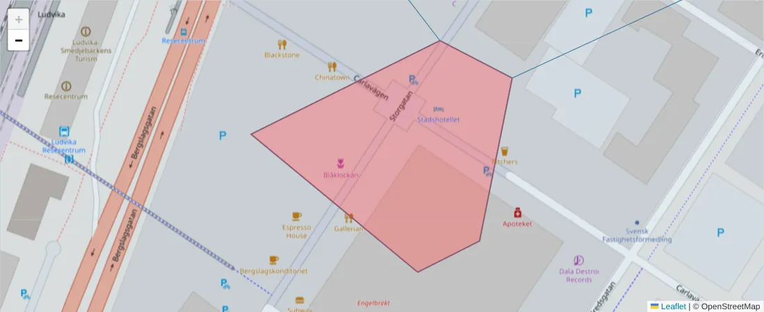 Karta över postnummerområdet  och angränsande postnummer i Sverige