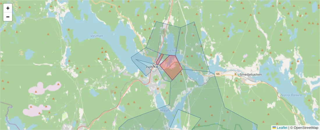 Karta över postnummerområdet  och angränsande postnummer i Sverige