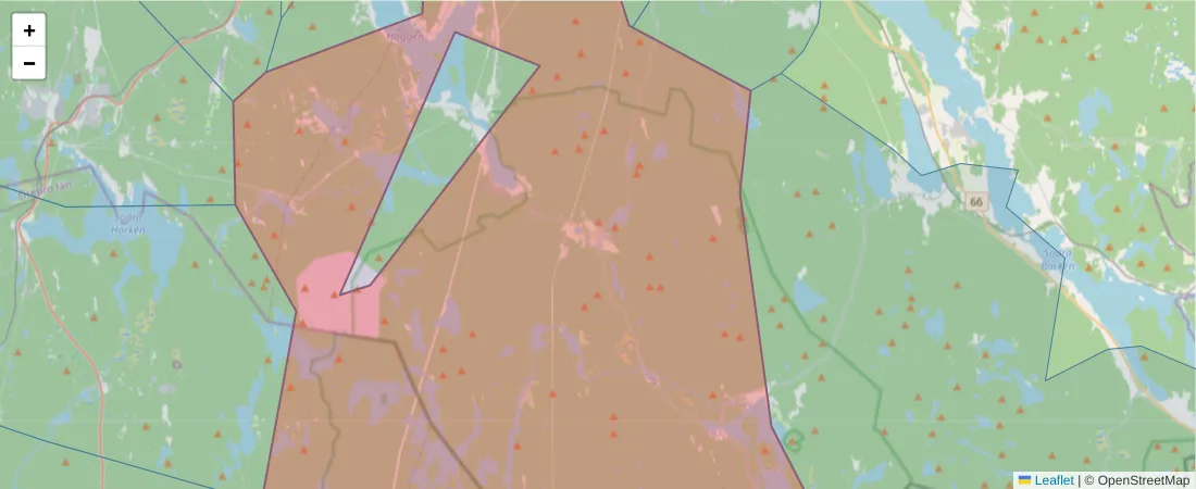 Karta över postnummerområdet  och angränsande postnummer i Sverige