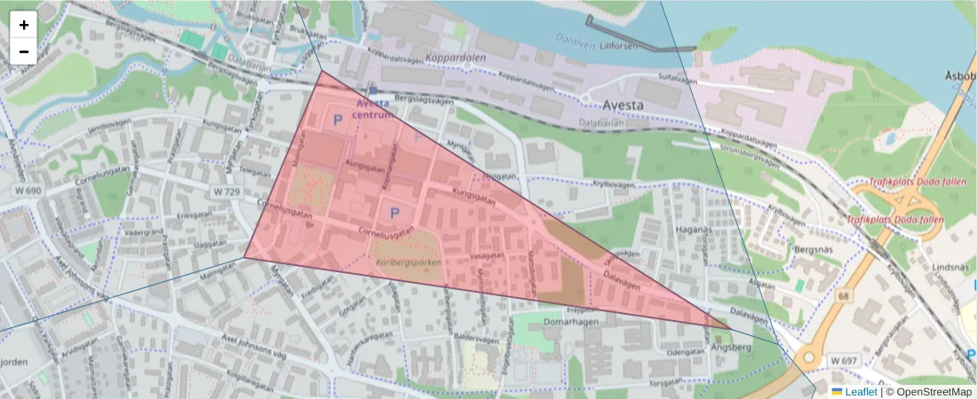 Karta över postnummerområdet  och angränsande postnummer i Sverige