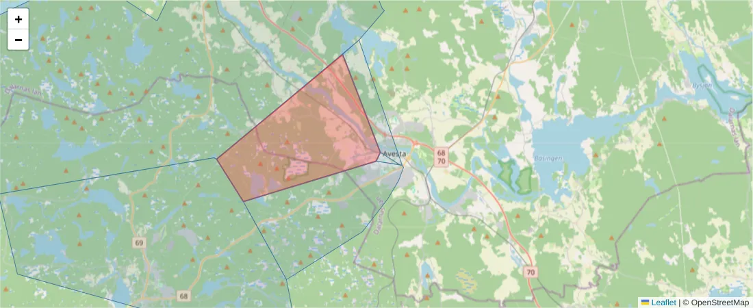 Karta över postnummerområdet  och angränsande postnummer i Sverige