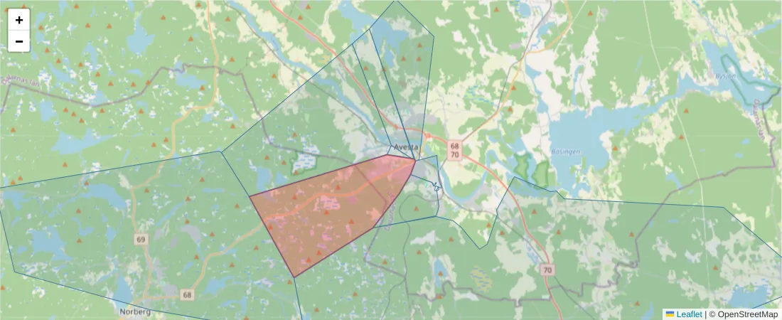 Karta över postnummerområdet  och angränsande postnummer i Sverige