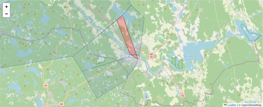 Karta över postnummerområdet  och angränsande postnummer i Sverige