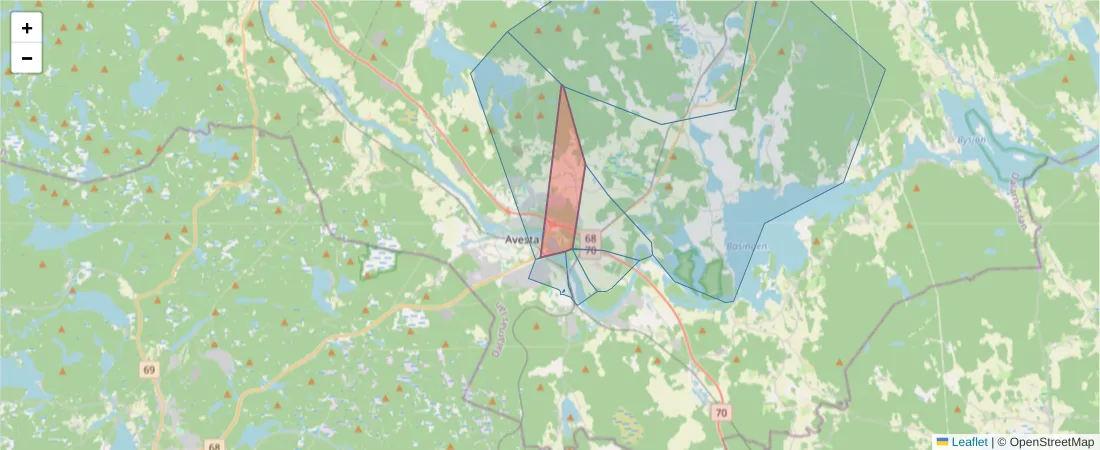 Karta över postnummerområdet  och angränsande postnummer i Sverige