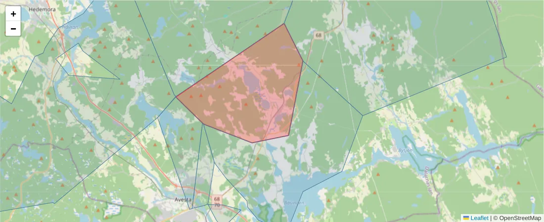 Karta över postnummerområdet  och angränsande postnummer i Sverige