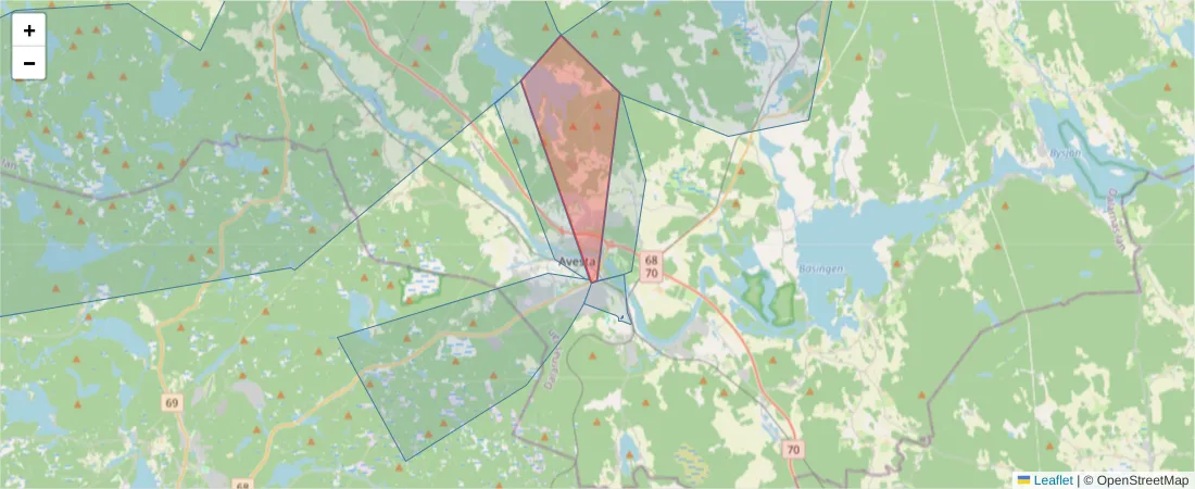 Karta över postnummerområdet  och angränsande postnummer i Sverige