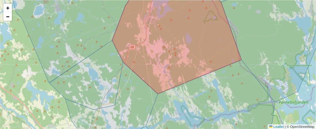 Karta över postnummerområdet  och angränsande postnummer i Sverige