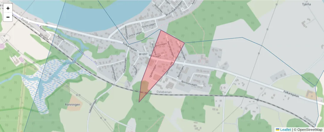 Karta över postnummerområdet  och angränsande postnummer i Sverige