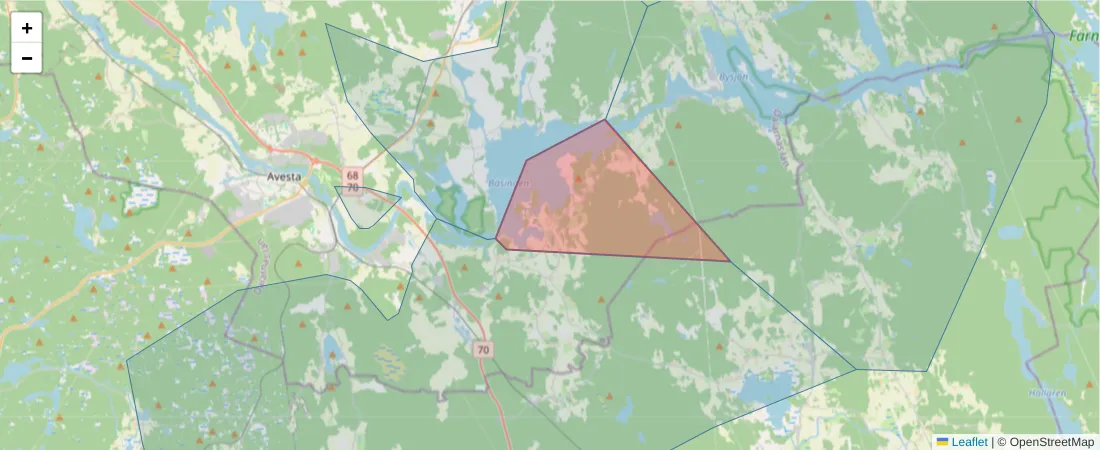 Karta över postnummerområdet  och angränsande postnummer i Sverige