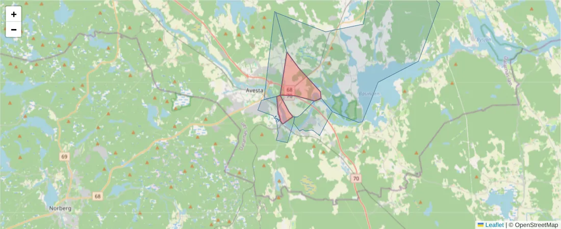 Karta över postnummerområdet  och angränsande postnummer i Sverige