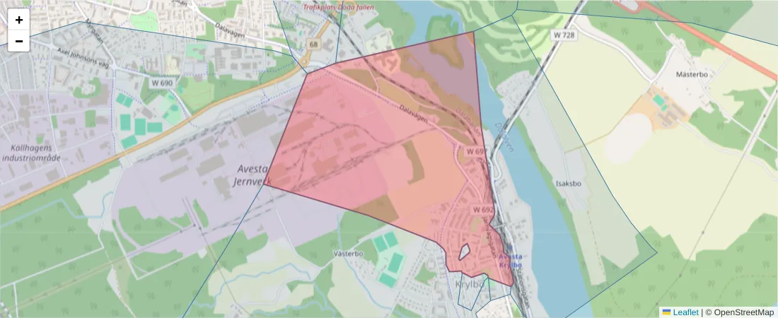 Karta över postnummerområdet  och angränsande postnummer i Sverige