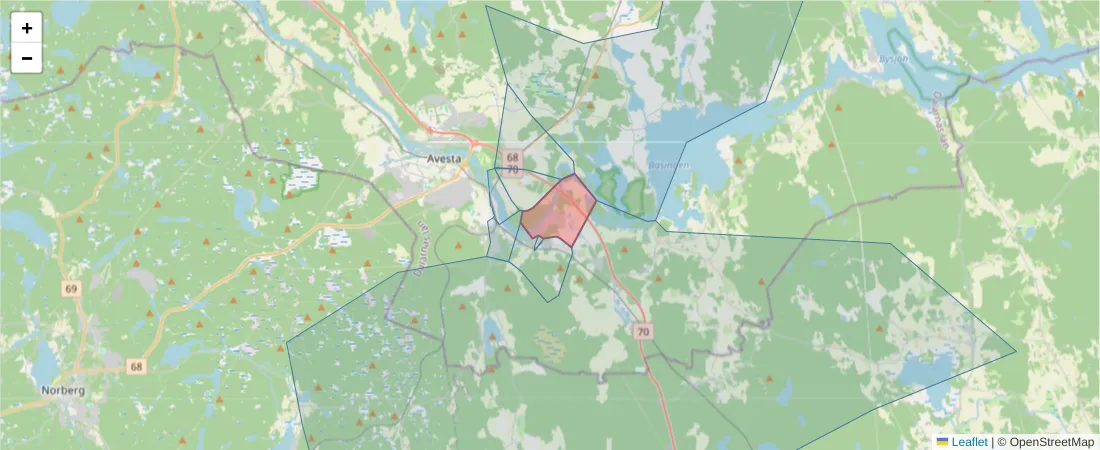 Karta över postnummerområdet  och angränsande postnummer i Sverige